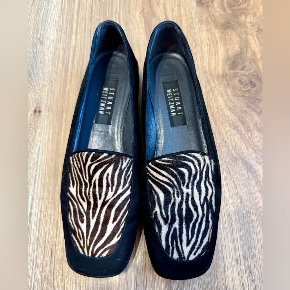 Stuart Weitzman Zebra Calf Hair Loafers Womens Size 8.5 B Black Suede Comfort